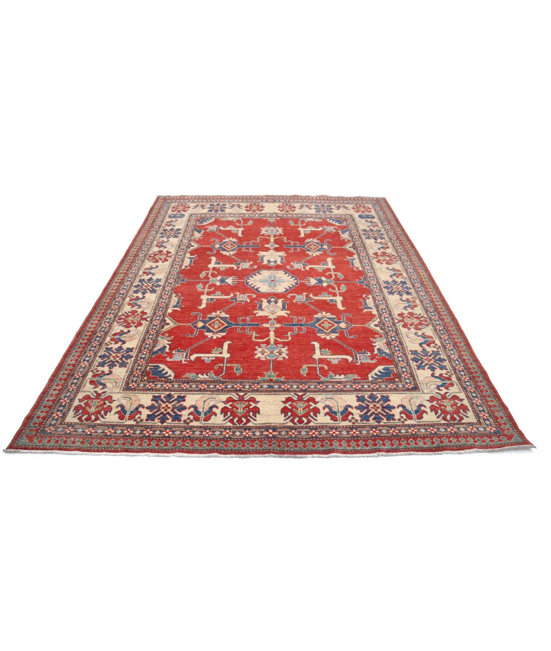 Hand Knotted Tribal Kazak Wool Rug - 6'9'' x 8'9'' 6' 9" X 8' 9" (206 X 267) / Red / Ivory