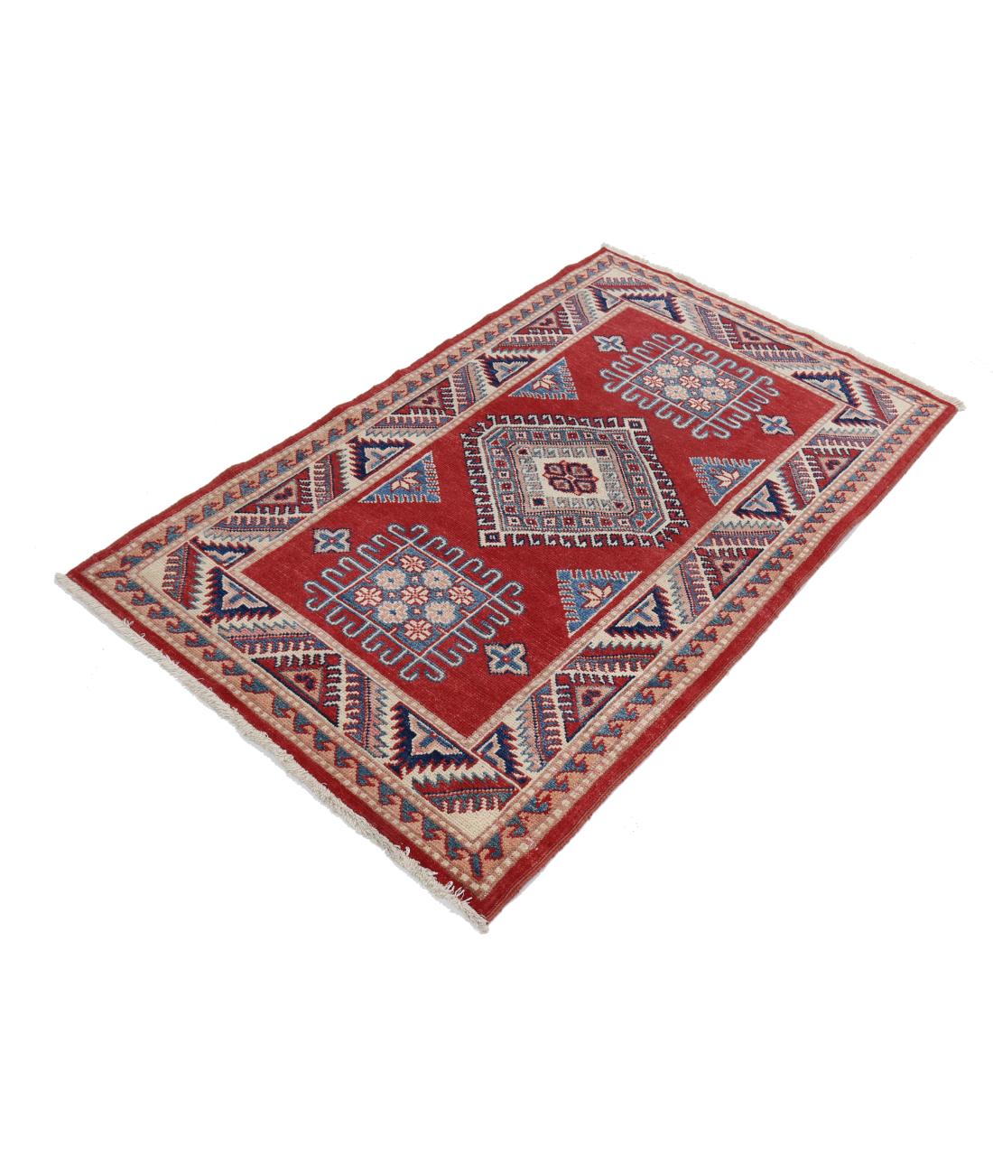 Hand Knotted Tribal Kazak Wool Rug - 3'0'' x 4'9'' 3' 0" X 4' 9" (91 X 145) / Red / Ivory