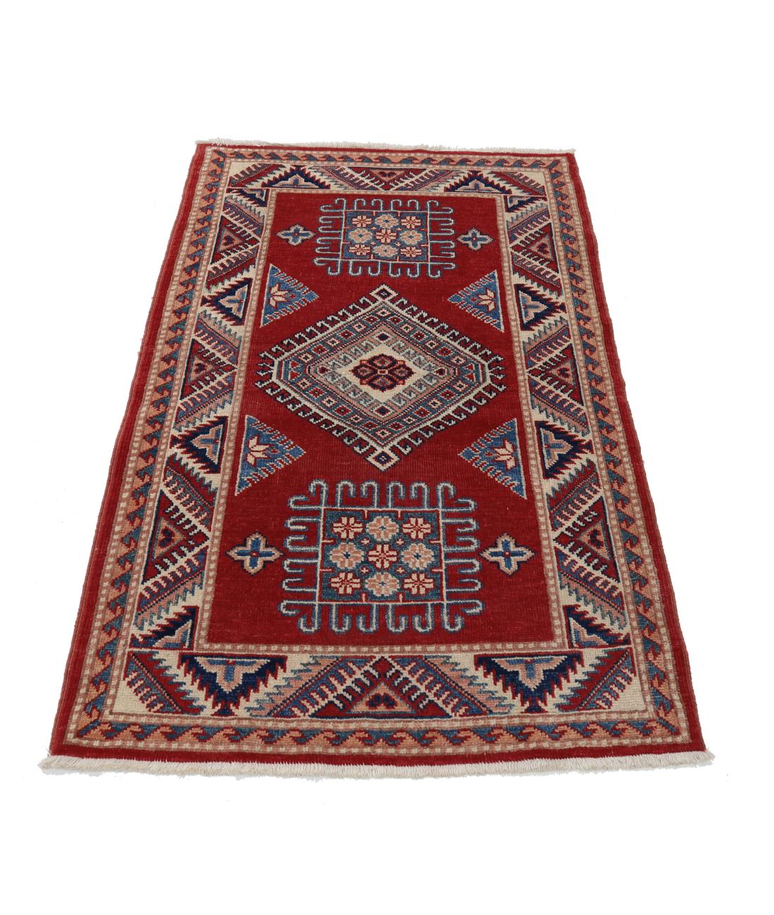 Hand Knotted Tribal Kazak Wool Rug - 3'0'' x 4'9'' 3' 0" X 4' 9" (91 X 145) / Red / Ivory
