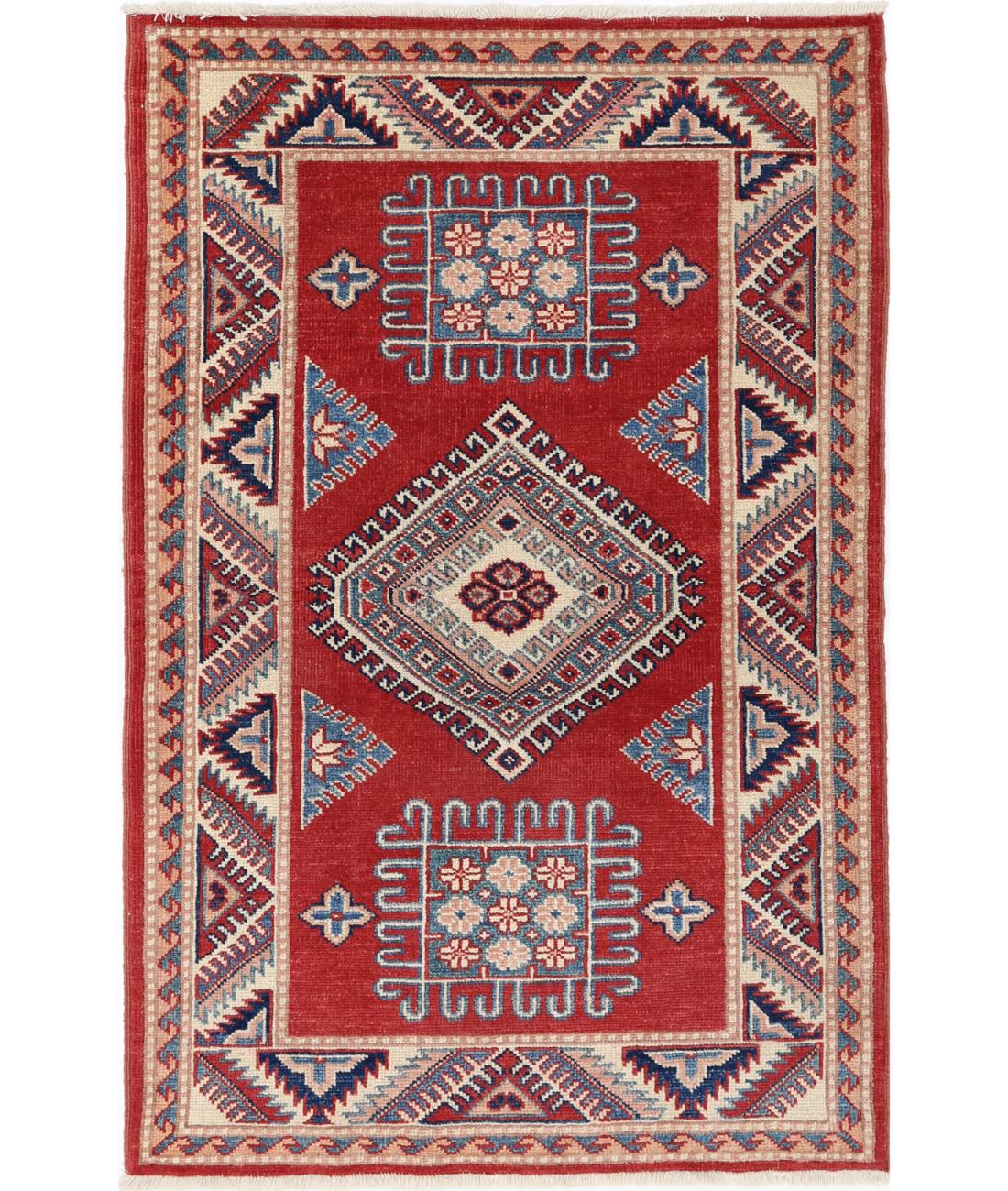 Hand Knotted Tribal Kazak Wool Rug - 3&#39;0&#39;&#39; x 4&#39;9&#39;&#39; 3&#39; 0&quot; X 4&#39; 9&quot; (91 X 145) / Red / Ivory