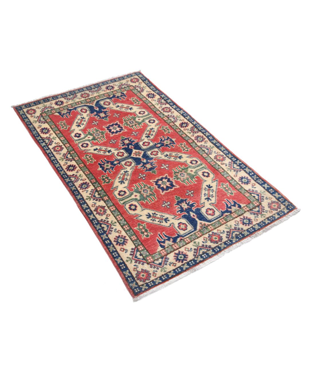 Hand Knotted Tribal Kazak Wool Rug - 2'10'' x 4'8'' 2' 10" X 4' 8" (86 X 142) / Red / Ivory