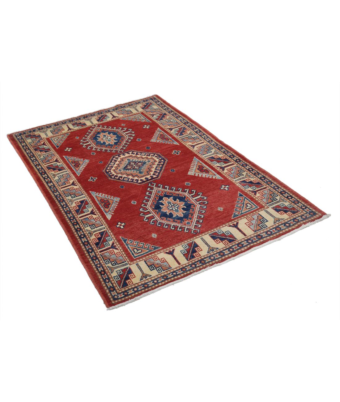 Hand Knotted Tribal Kazak Wool Rug - 3'5'' x 5'2'' 3' 5" X 5' 2" (104 X 157) / Red / Ivory