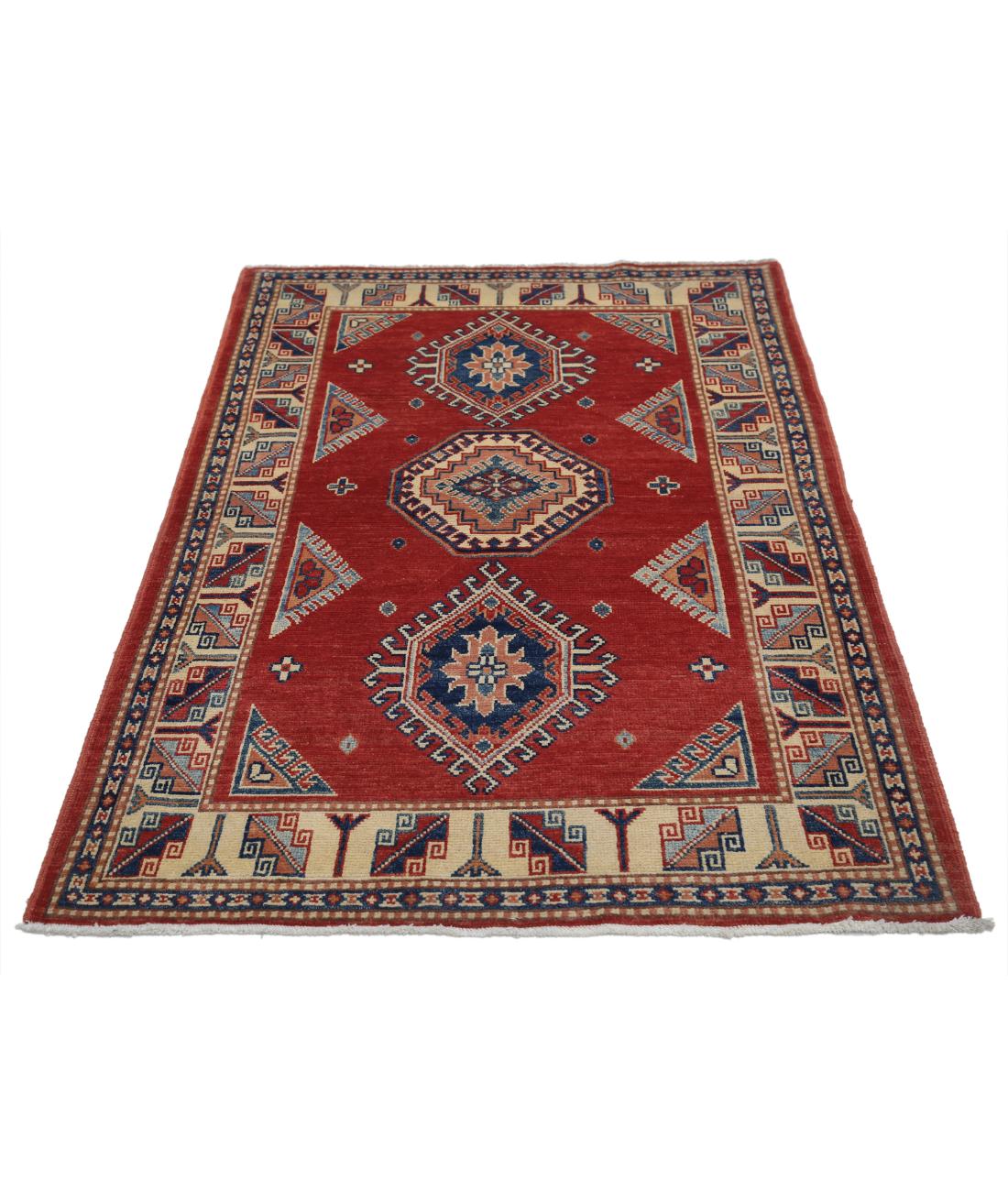 Hand Knotted Tribal Kazak Wool Rug - 3'5'' x 5'2'' 3' 5" X 5' 2" (104 X 157) / Red / Ivory