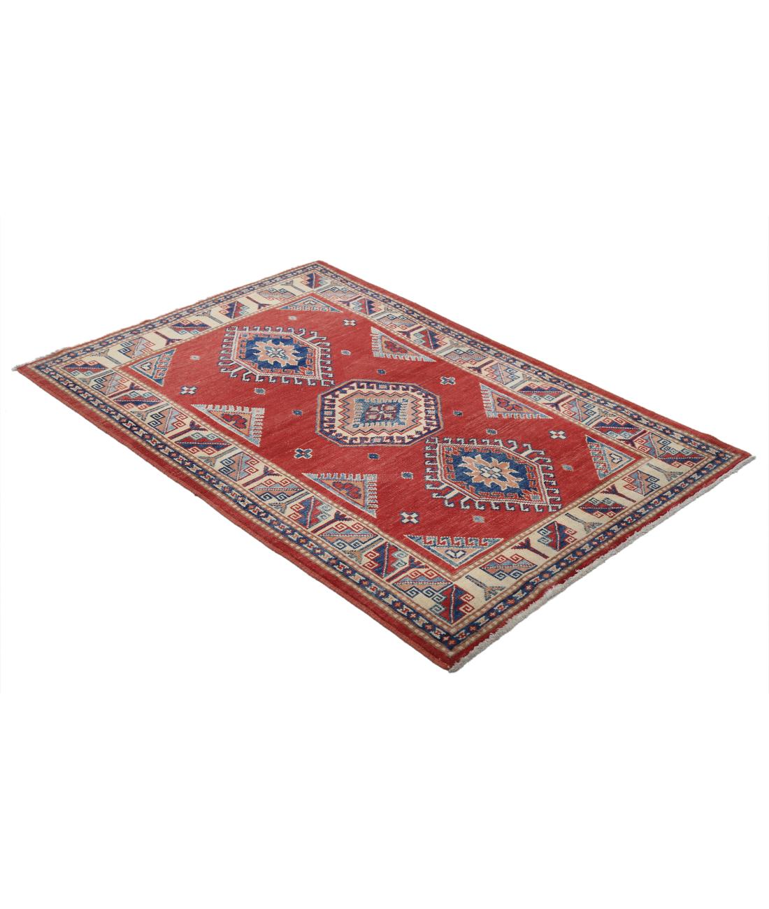 Hand Knotted Tribal Kazak Wool Rug - 3'5'' x 5'2'' 3' 5" X 5' 2" (104 X 157) / Red / Ivory