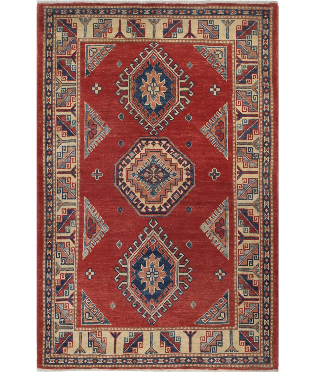 Hand Knotted Tribal Kazak Wool Rug - 3&#39;5&#39;&#39; x 5&#39;2&#39;&#39; 3&#39; 5&quot; X 5&#39; 2&quot; (104 X 157) / Red / Ivory