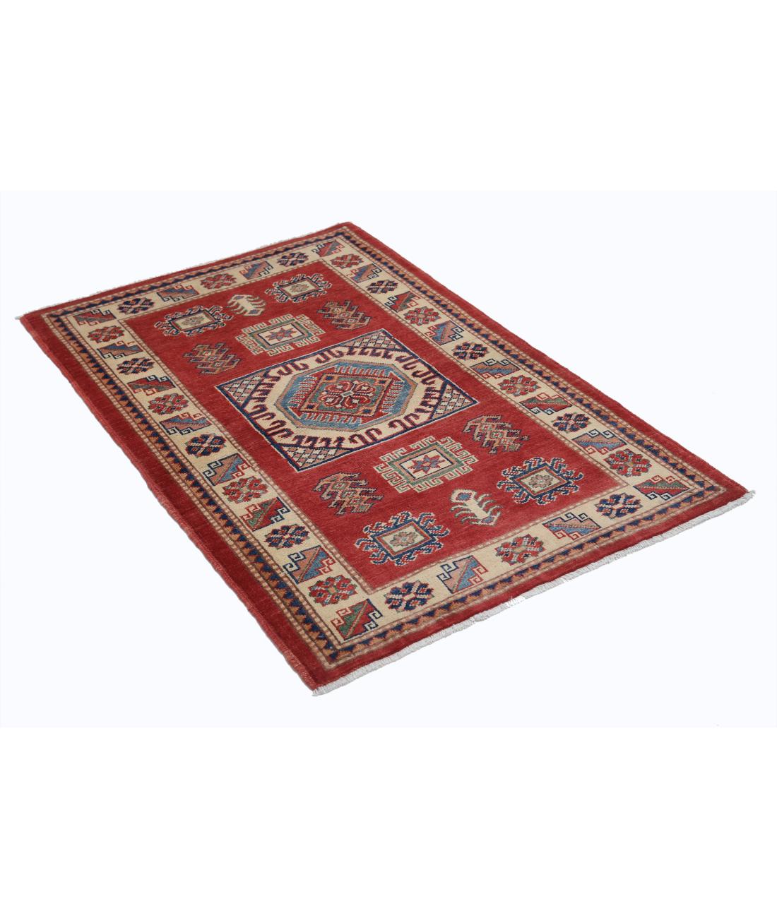 Hand Knotted Tribal Kazak Wool Rug - 3'0'' x 4'8'' 3' 0" X 4' 8" (91 X 142) / Red / Ivory