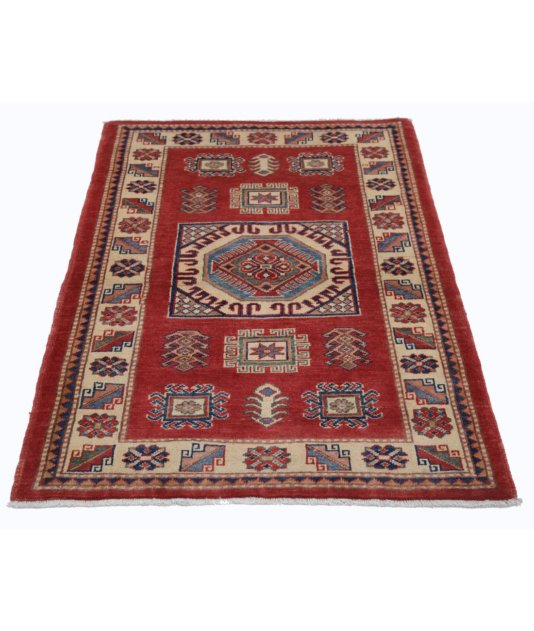 Hand Knotted Tribal Kazak Wool Rug - 3'0'' x 4'8'' 3' 0" X 4' 8" (91 X 142) / Red / Ivory