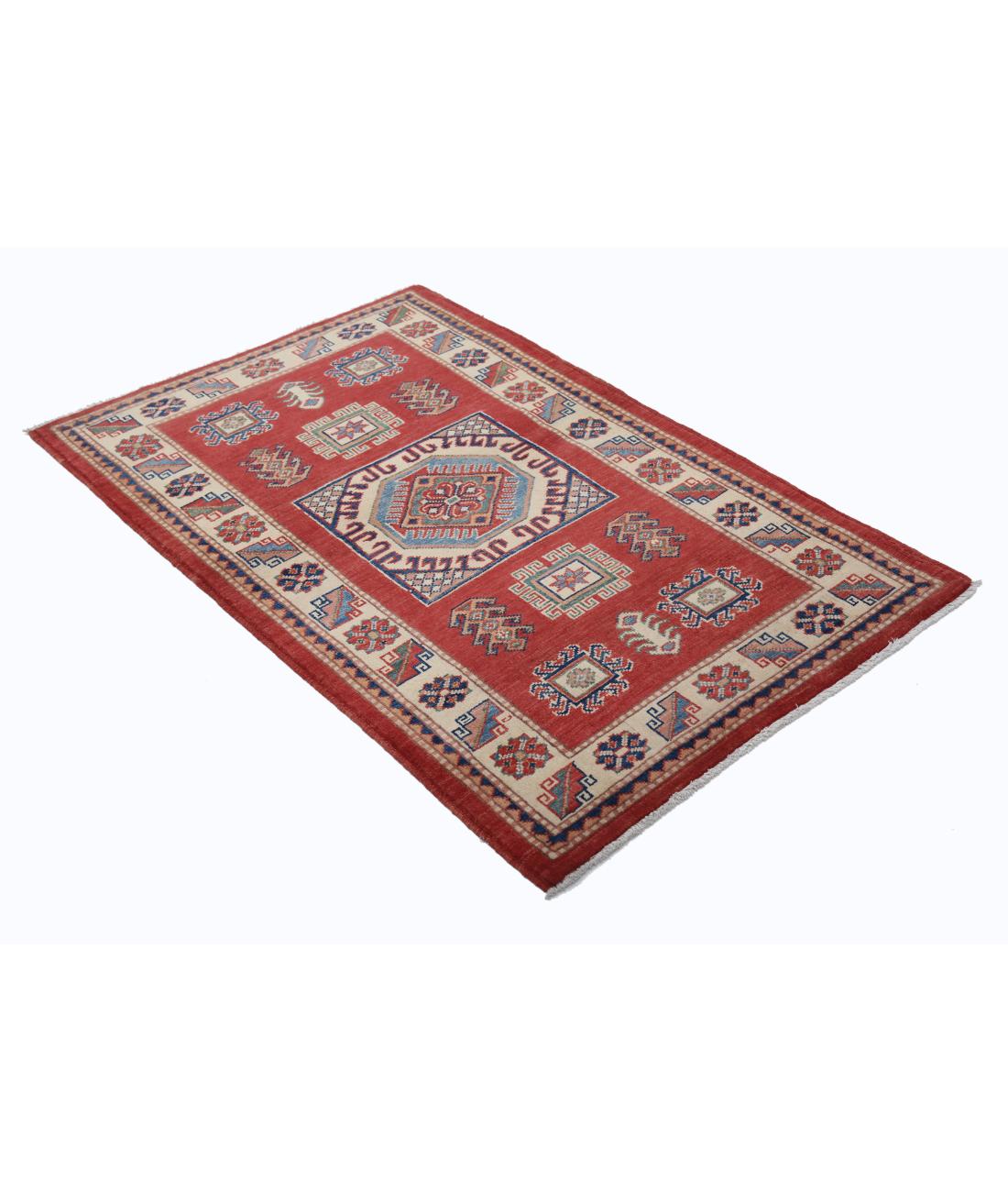 Hand Knotted Tribal Kazak Wool Rug - 3'0'' x 4'8'' 3' 0" X 4' 8" (91 X 142) / Red / Ivory