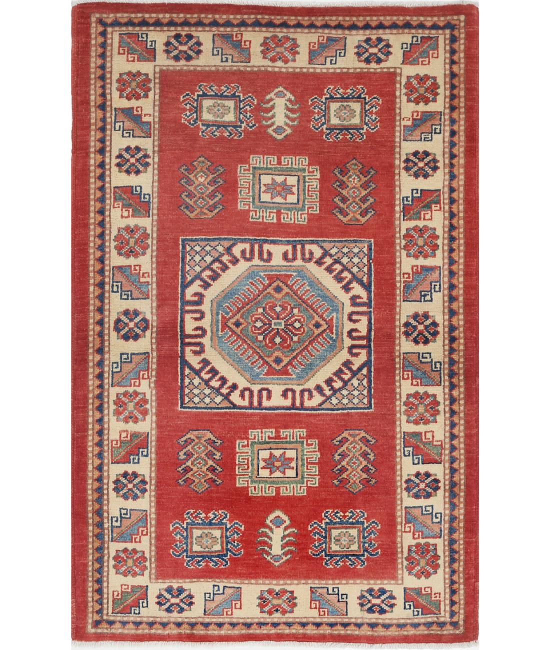 Hand Knotted Tribal Kazak Wool Rug - 3&#39;0&#39;&#39; x 4&#39;8&#39;&#39; 3&#39; 0&quot; X 4&#39; 8&quot; (91 X 142) / Red / Ivory