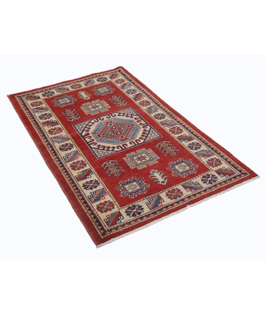 Hand Knotted Tribal Kazak Wool Rug - 3'0'' x 4'10'' 3' 0" X 4' 10" (91 X 147) / Red / Ivory