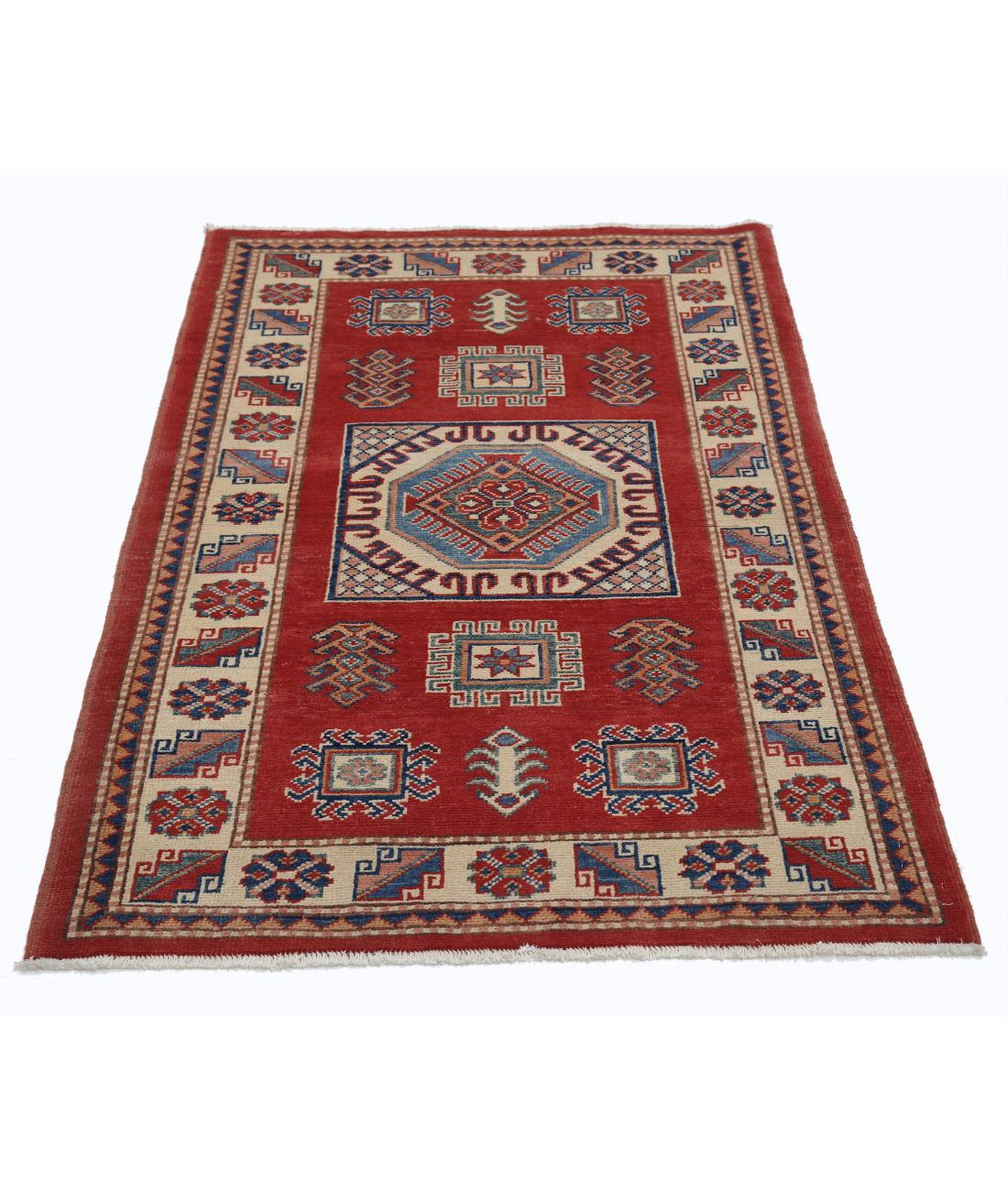 Hand Knotted Tribal Kazak Wool Rug - 3'0'' x 4'10'' 3' 0" X 4' 10" (91 X 147) / Red / Ivory