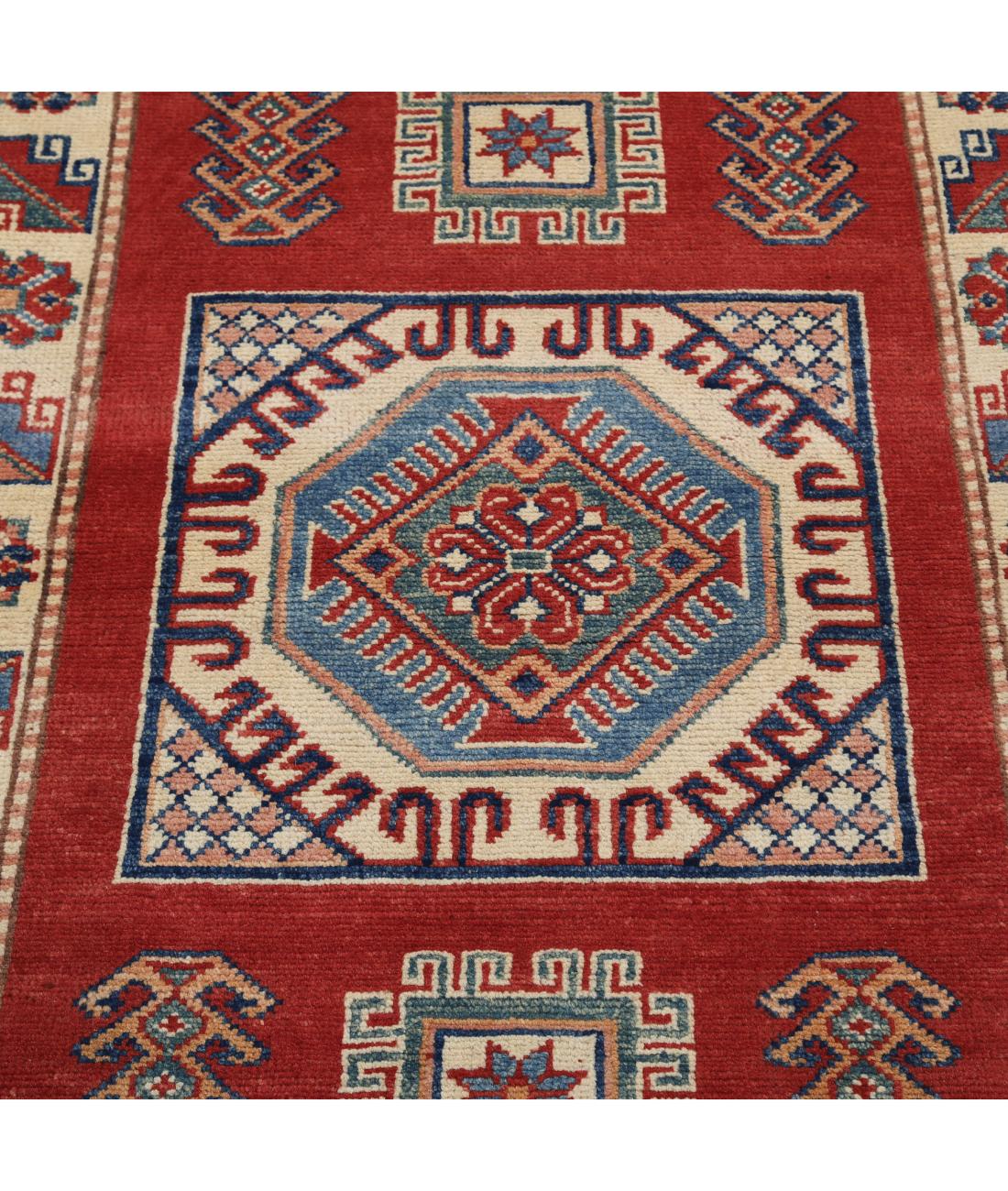 Hand Knotted Tribal Kazak Wool Rug - 3'0'' x 4'10'' 3' 0" X 4' 10" (91 X 147) / Red / Ivory