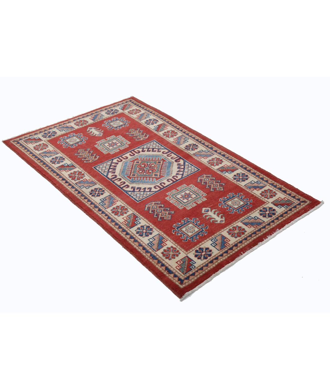 Hand Knotted Tribal Kazak Wool Rug - 3'0'' x 4'10'' 3' 0" X 4' 10" (91 X 147) / Red / Ivory