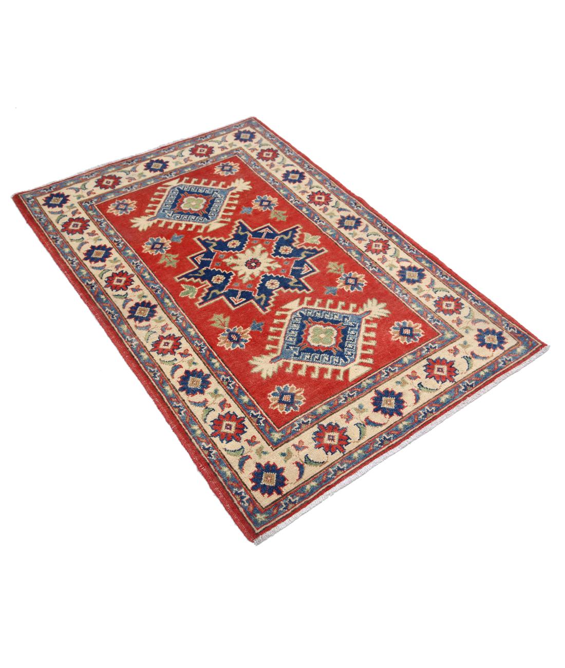 Hand Knotted Tribal Kazak Wool Rug - 3'2'' x 4'10'' 3' 2" X 4' 10" (97 X 147) / Red / Ivory