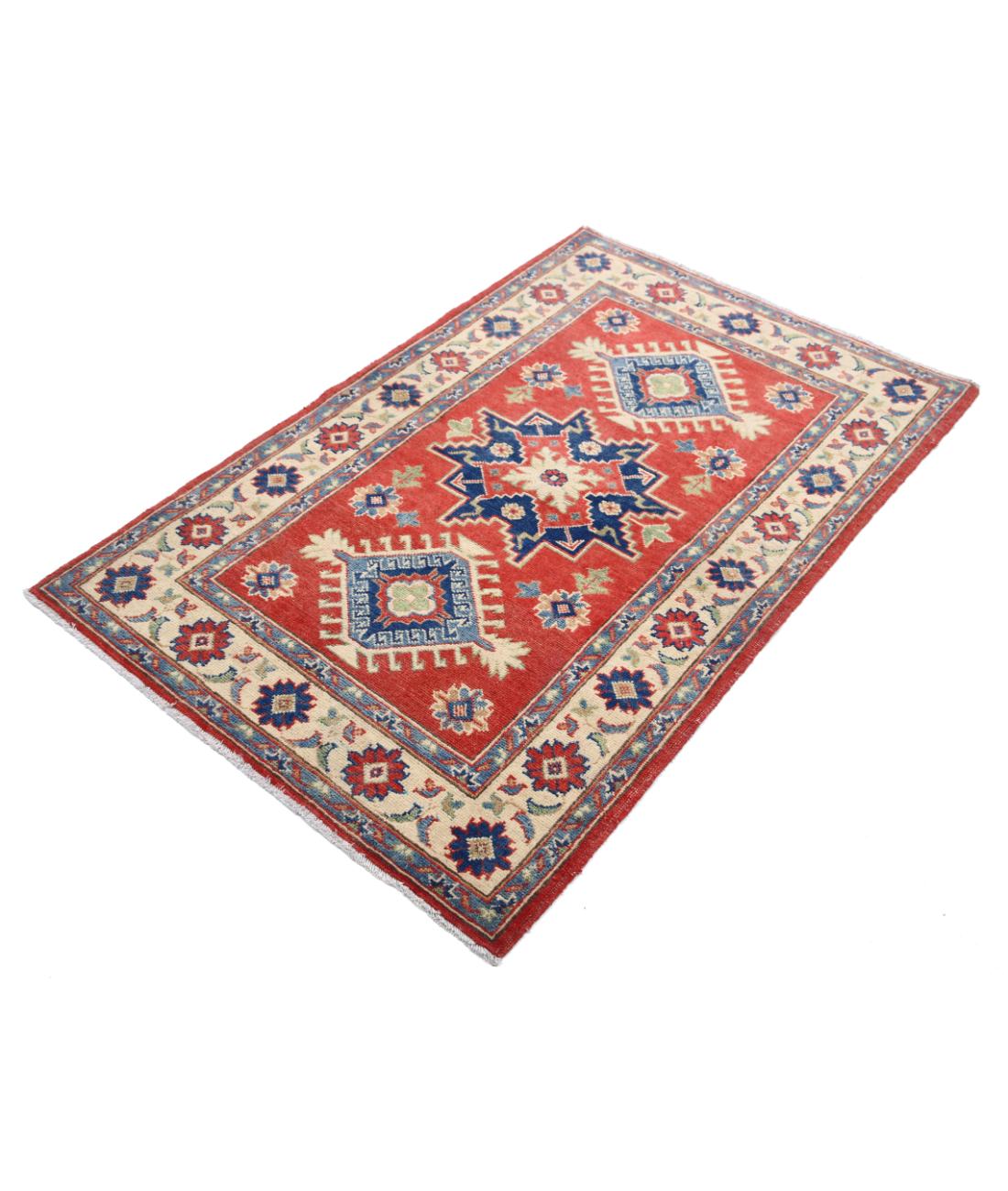 Hand Knotted Tribal Kazak Wool Rug - 3'2'' x 4'10'' 3' 2" X 4' 10" (97 X 147) / Red / Ivory