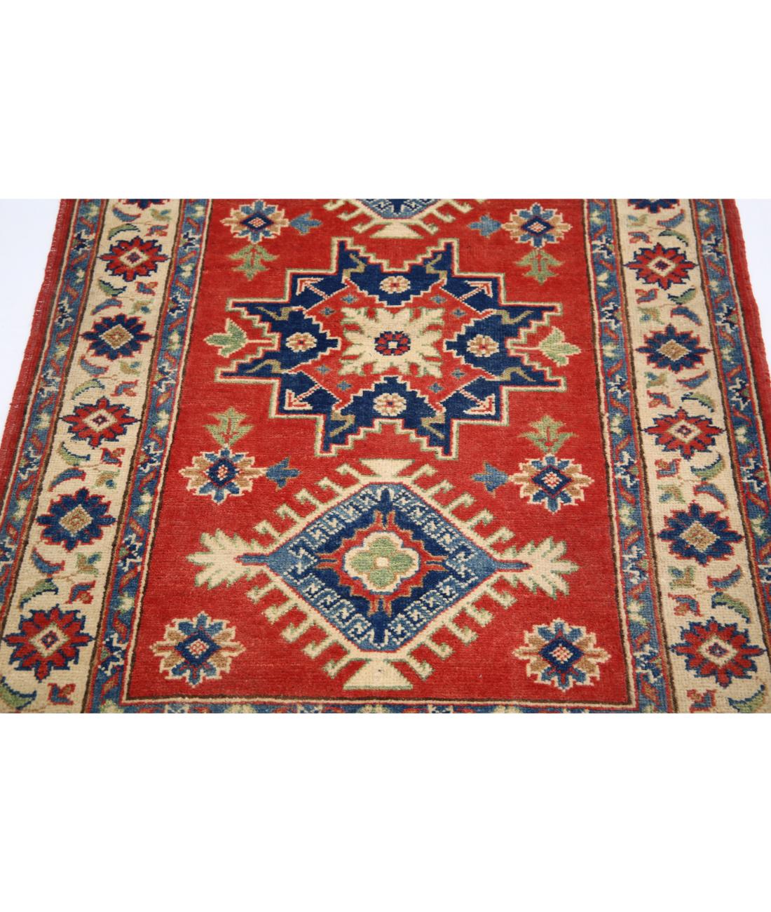 Hand Knotted Tribal Kazak Wool Rug - 3'2'' x 4'10'' 3' 2" X 4' 10" (97 X 147) / Red / Ivory