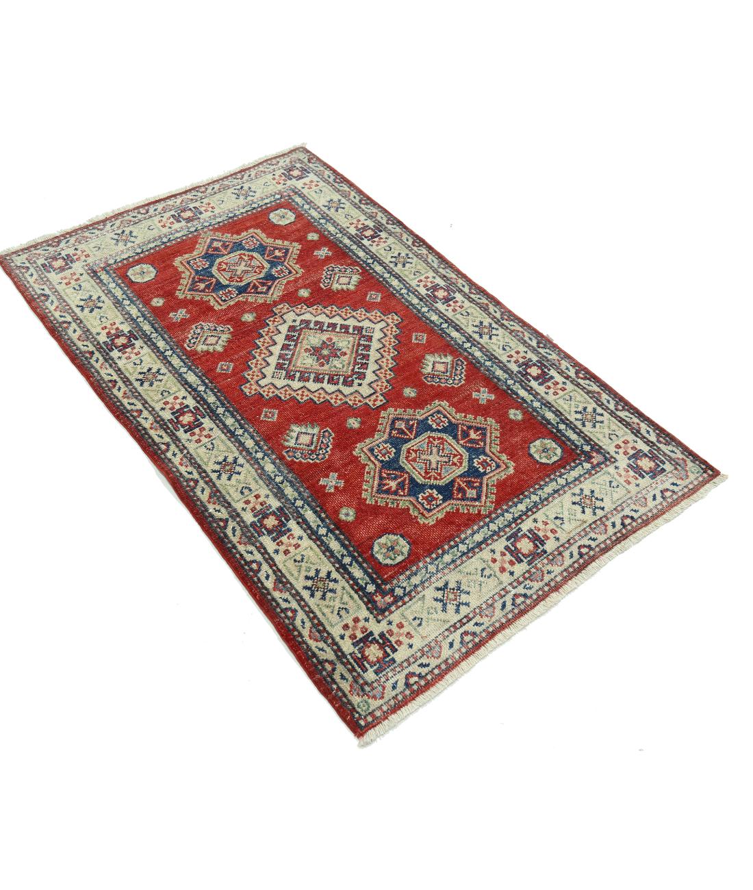 Hand Knotted Tribal Kazak Wool Rug - 2'9'' x 4'7'' 2' 9" X 4' 7" (84 X 140) / Red / Ivory