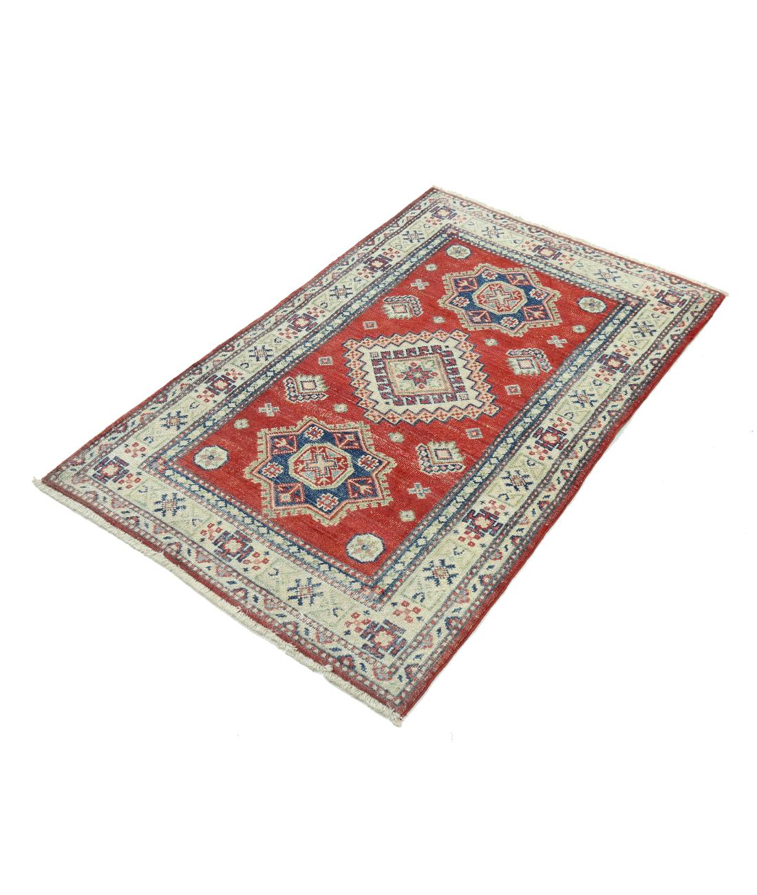Hand Knotted Tribal Kazak Wool Rug - 2'9'' x 4'7'' 2' 9" X 4' 7" (84 X 140) / Red / Ivory