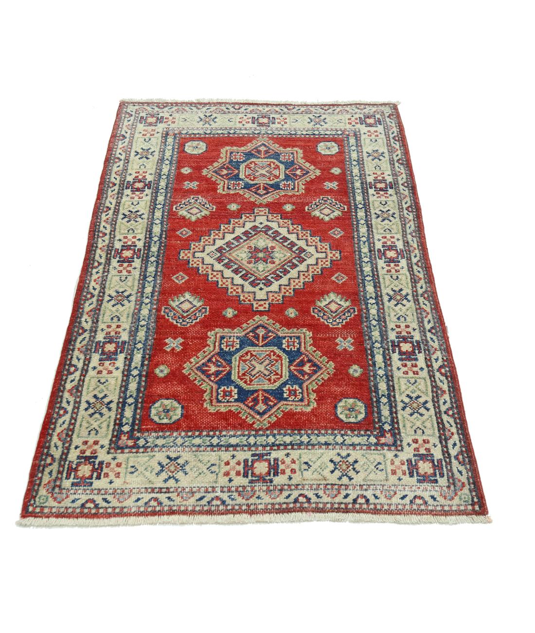 Hand Knotted Tribal Kazak Wool Rug - 2'9'' x 4'7'' 2' 9" X 4' 7" (84 X 140) / Red / Ivory