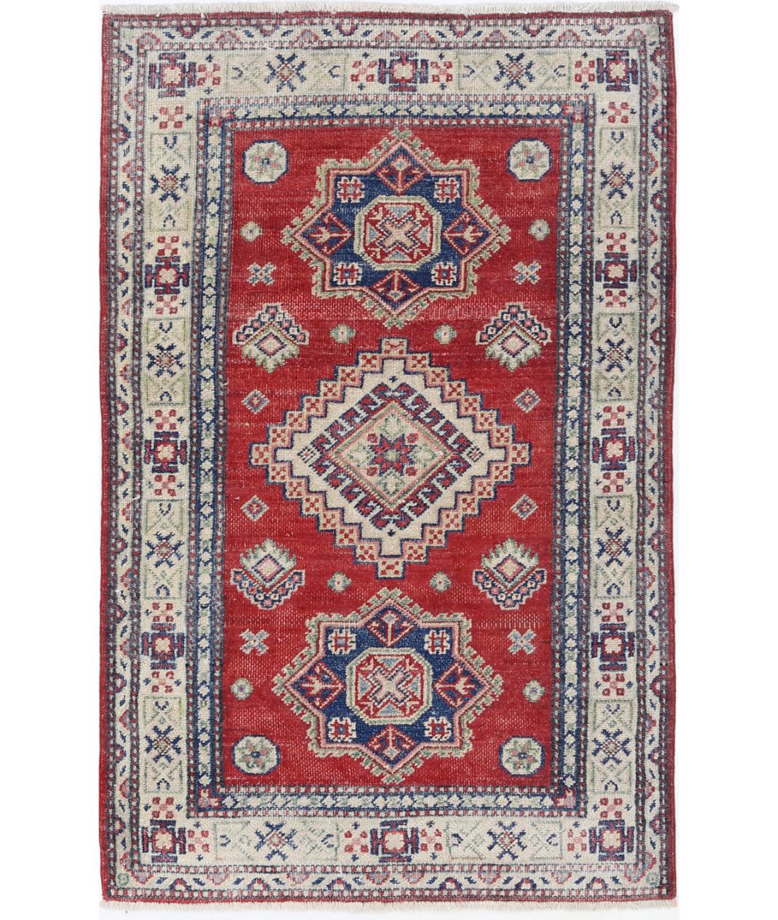 Hand Knotted Tribal Kazak Wool Rug - 2'9'' x 4'7'' 2' 9" X 4' 7" (84 X 140) / Red / Ivory