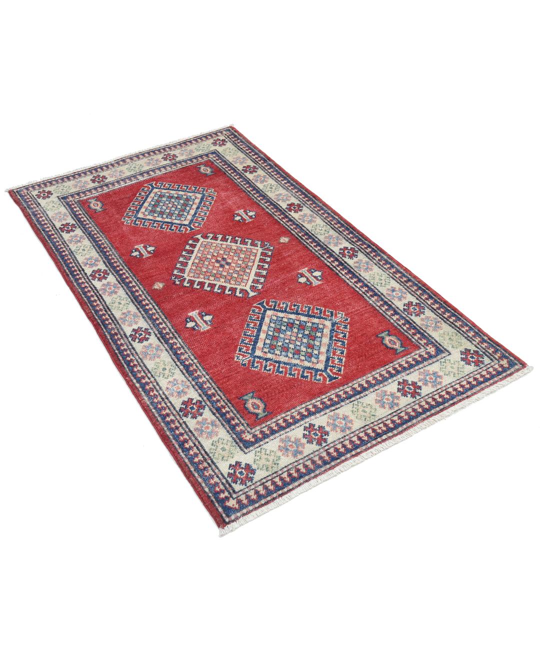 Hand Knotted Tribal Kazak Wool Rug - 2'10'' x 4'11'' 2' 10" X 4' 11" (86 X 150) / Red / Ivory