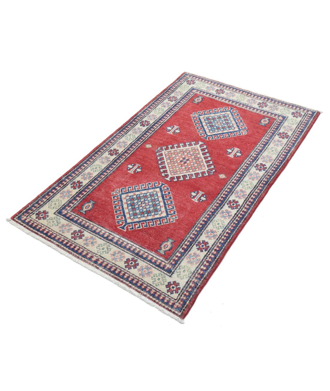 Hand Knotted Tribal Kazak Wool Rug - 2'10'' x 4'11'' 2' 10" X 4' 11" (86 X 150) / Red / Ivory