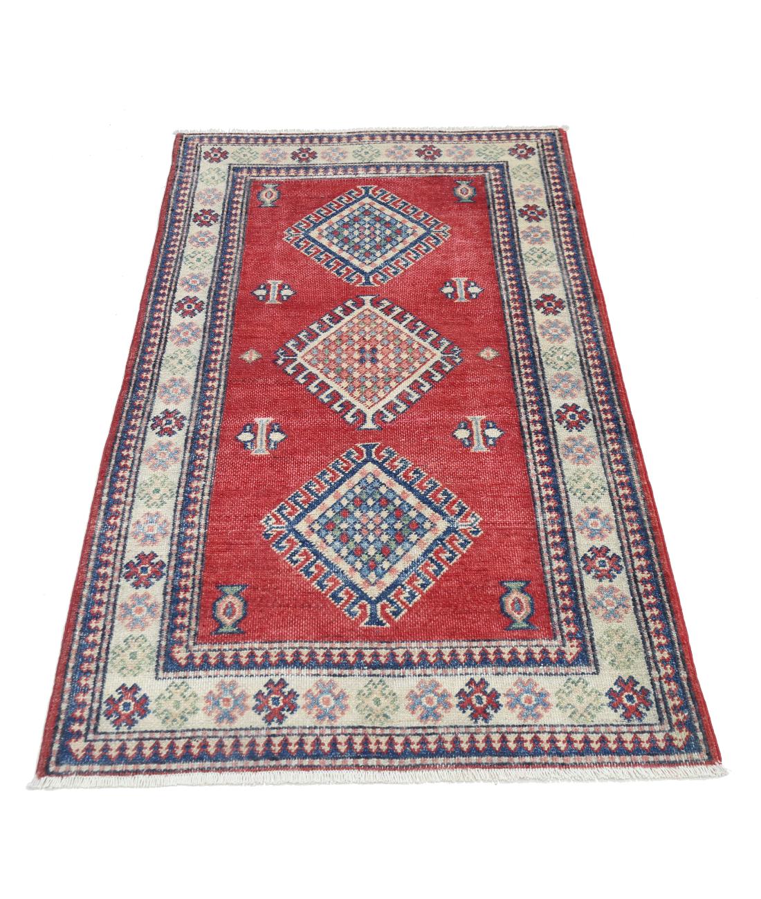 Hand Knotted Tribal Kazak Wool Rug - 2'10'' x 4'11'' 2' 10" X 4' 11" (86 X 150) / Red / Ivory