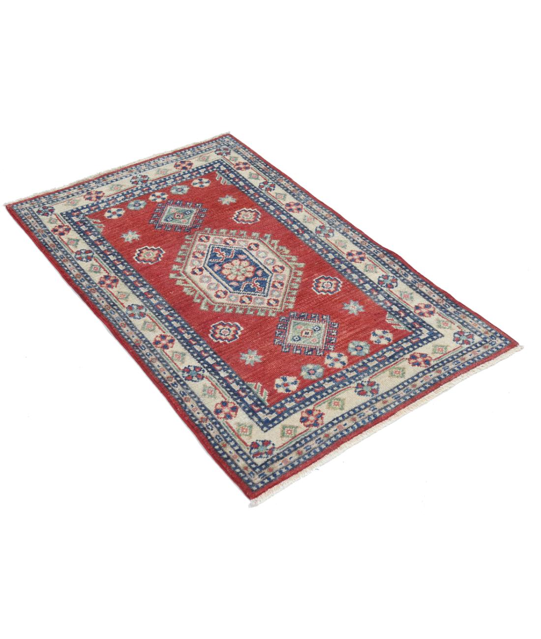 Hand Knotted Tribal Kazak Wool Rug - 2'6'' x 3'11'' 2' 6" X 3' 11" (76 X 119) / Red / Ivory