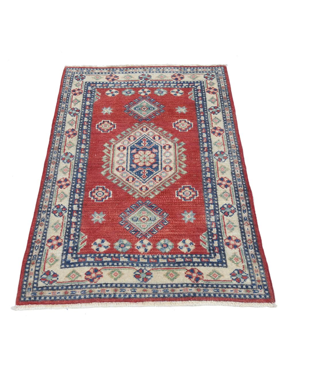 Hand Knotted Tribal Kazak Wool Rug - 2'6'' x 3'11'' 2' 6" X 3' 11" (76 X 119) / Red / Ivory