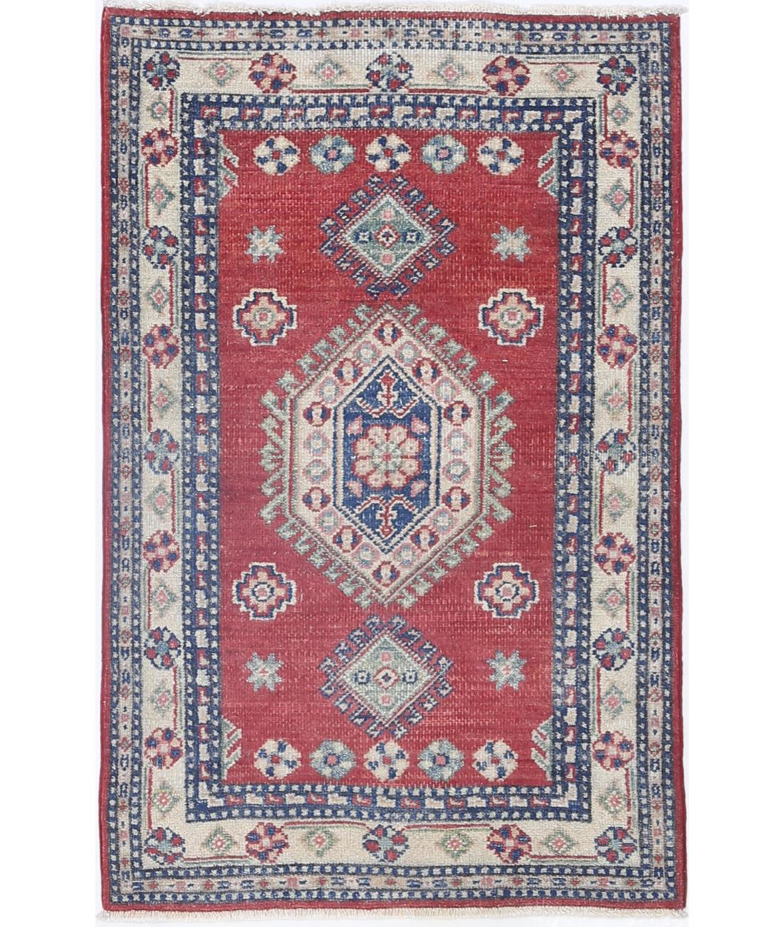 Hand Knotted Tribal Kazak Wool Rug - 2&#39;6&#39;&#39; x 3&#39;11&#39;&#39; 2&#39; 6&quot; X 3&#39; 11&quot; (76 X 119) / Red / Ivory