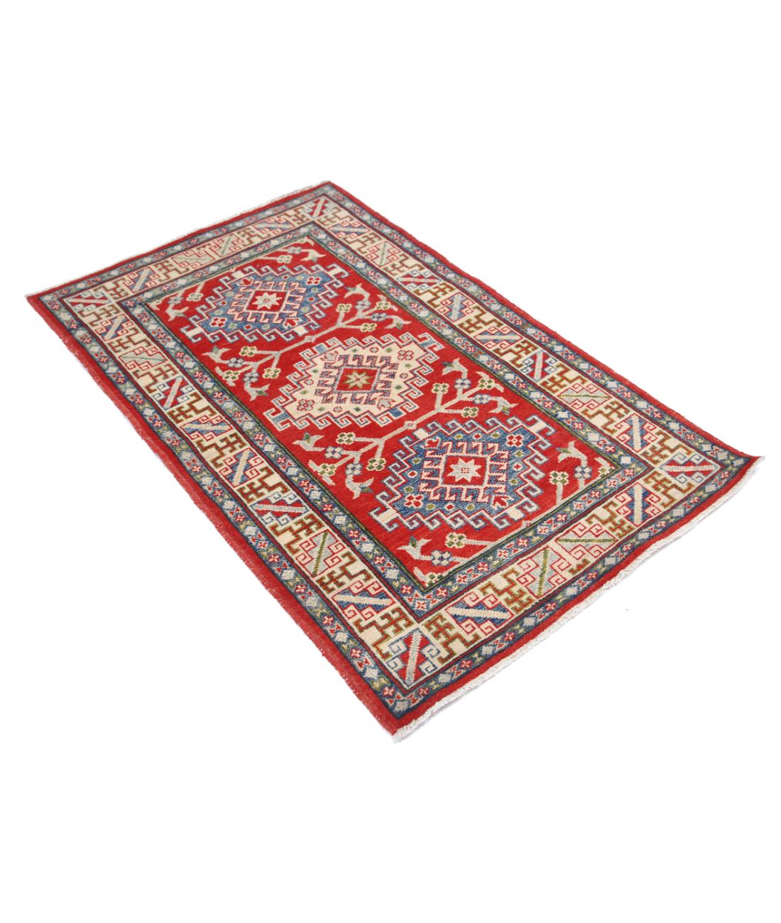 Hand Knotted Tribal Kazak Wool Rug - 3'1'' x 4'10'' 3' 1" X 4' 10" (94 X 147) / Red / Ivory