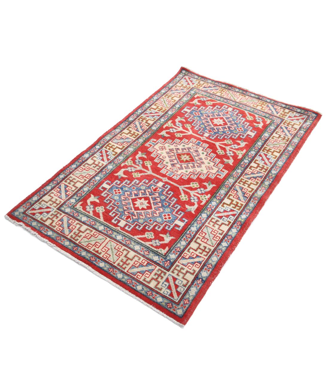 Hand Knotted Tribal Kazak Wool Rug - 3'1'' x 4'10'' 3' 1" X 4' 10" (94 X 147) / Red / Ivory