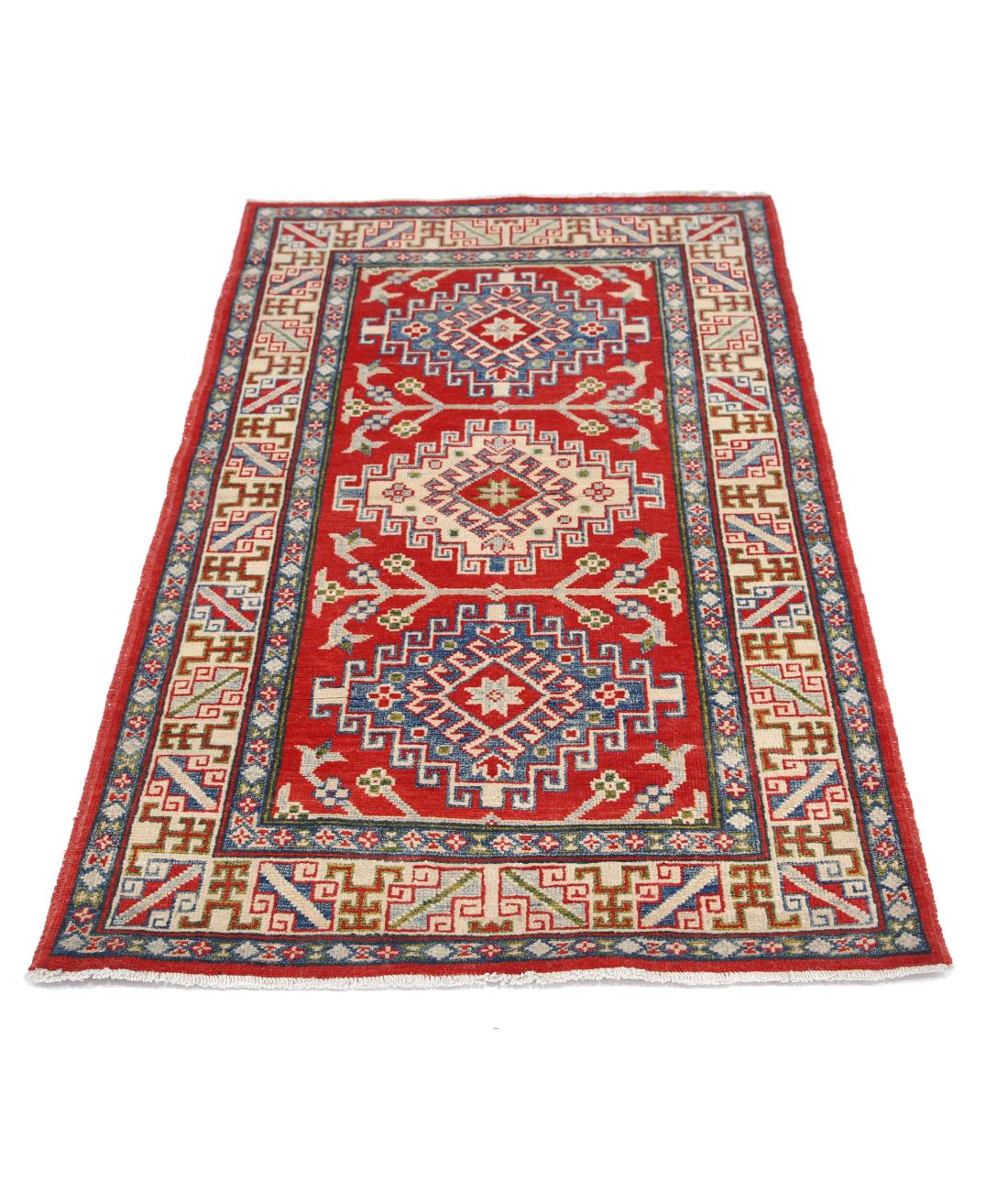 Hand Knotted Tribal Kazak Wool Rug - 3'1'' x 4'10'' 3' 1" X 4' 10" (94 X 147) / Red / Ivory