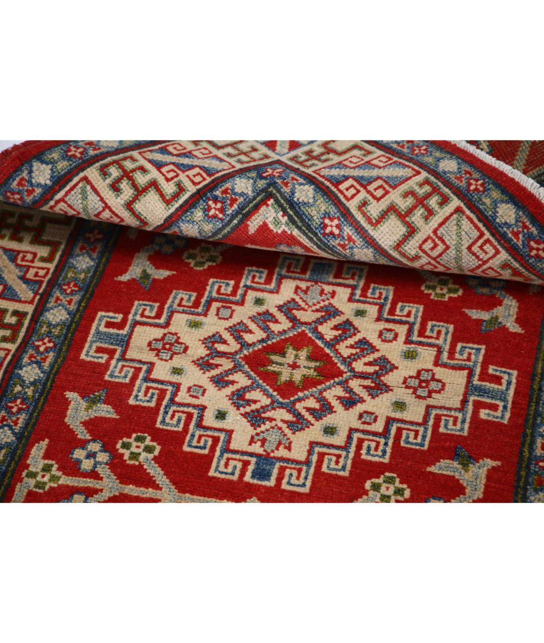 Hand Knotted Tribal Kazak Wool Rug - 3'1'' x 4'10'' 3' 1" X 4' 10" (94 X 147) / Red / Ivory