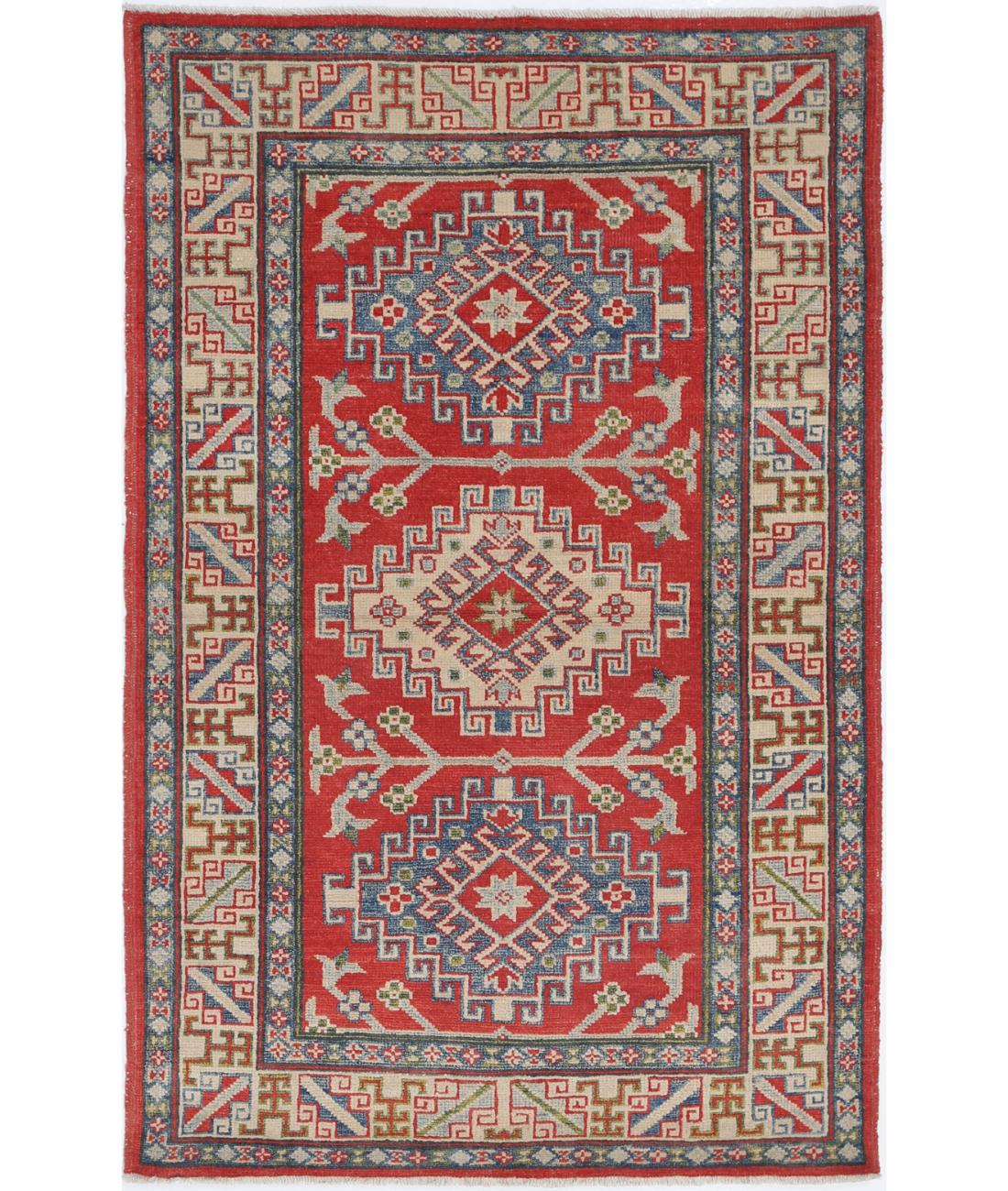 Hand Knotted Tribal Kazak Wool Rug - 3&#39;1&#39;&#39; x 4&#39;10&#39;&#39; 3&#39; 1&quot; X 4&#39; 10&quot; (94 X 147) / Red / Ivory