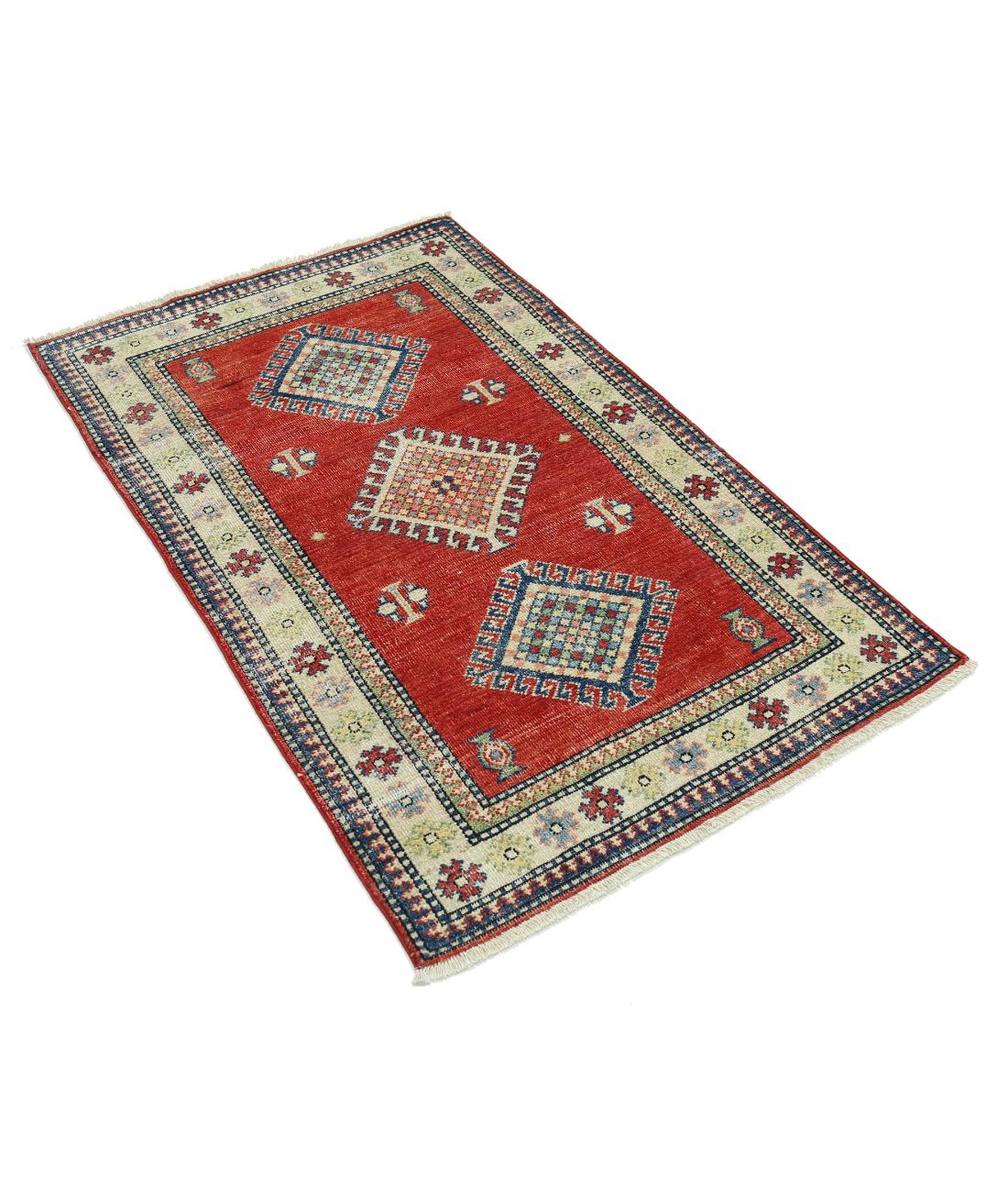 Hand Knotted Tribal Kazak Wool Rug - 2'10'' x 4'8'' 2' 10" X 4' 8" (86 X 142) / Red / Ivory