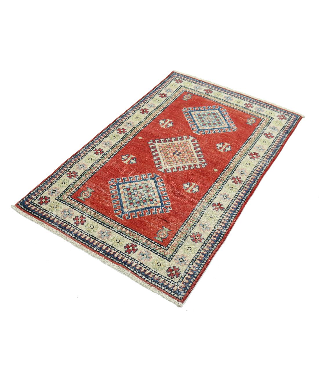 Hand Knotted Tribal Kazak Wool Rug - 2'10'' x 4'8'' 2' 10" X 4' 8" (86 X 142) / Red / Ivory