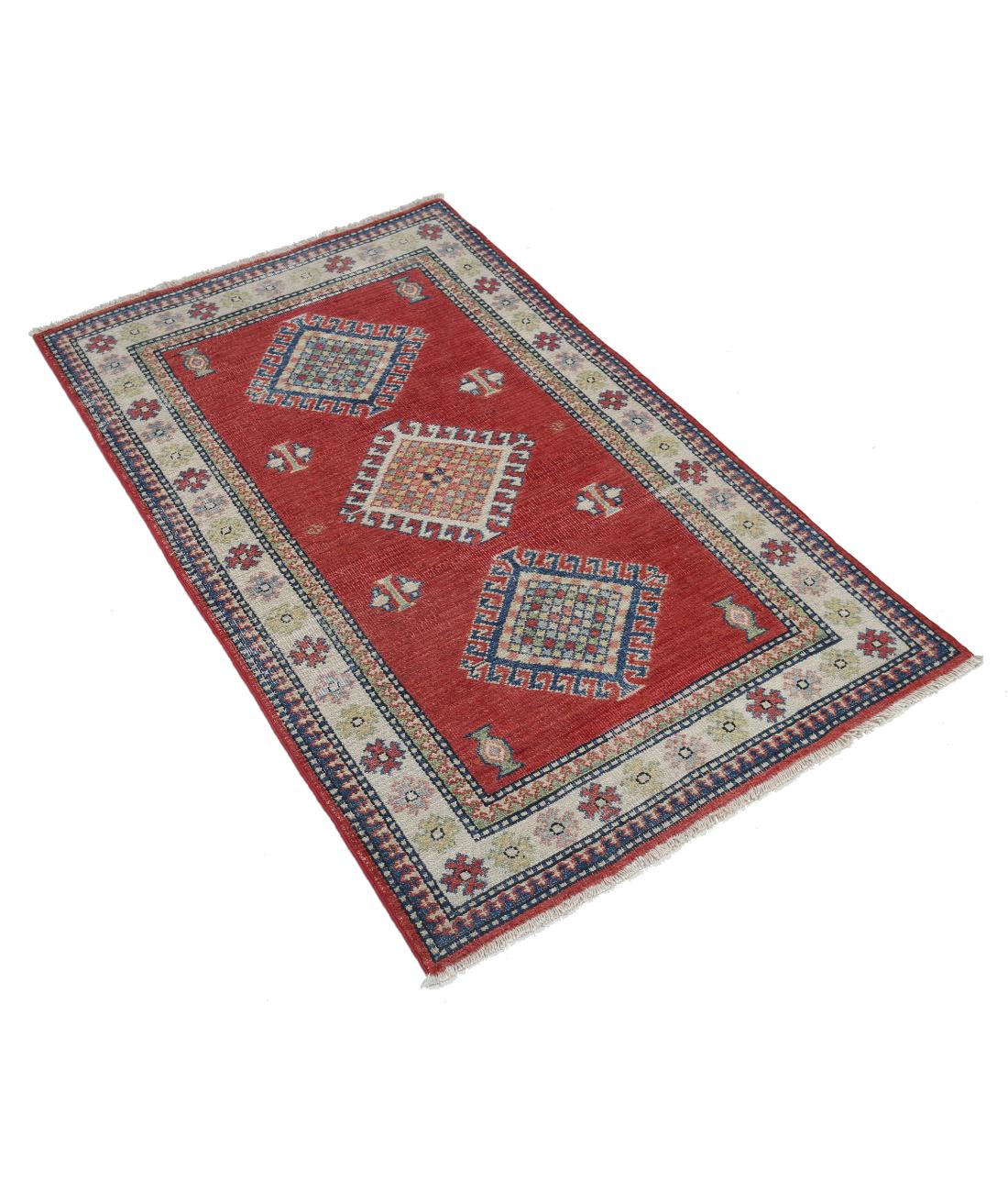 Hand Knotted Tribal Kazak Wool Rug - 2'10'' x 4'7'' 2' 10" X 4' 7" (86 X 140) / Red / Ivory