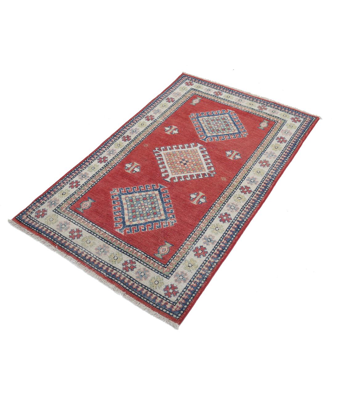 Hand Knotted Tribal Kazak Wool Rug - 2'10'' x 4'7'' 2' 10" X 4' 7" (86 X 140) / Red / Ivory