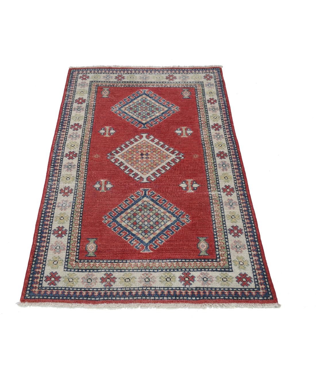 Hand Knotted Tribal Kazak Wool Rug - 2'10'' x 4'7'' 2' 10" X 4' 7" (86 X 140) / Red / Ivory