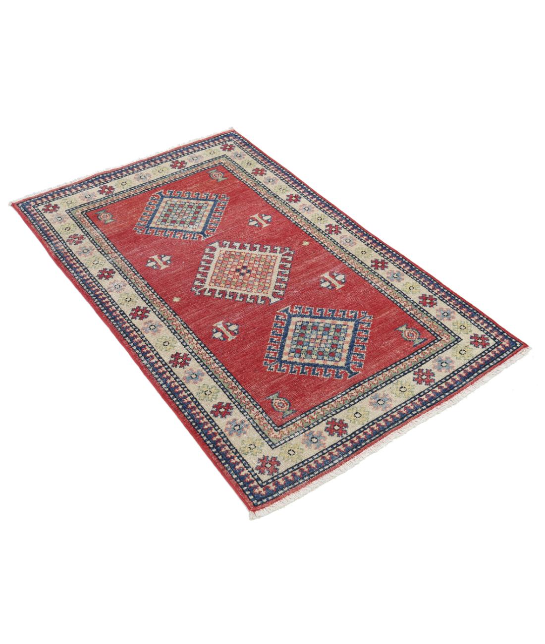 Hand Knotted Tribal Kazak Wool Rug - 2'10'' x 4'7'' 2' 10" X 4' 7" (86 X 140) / Red / Ivory
