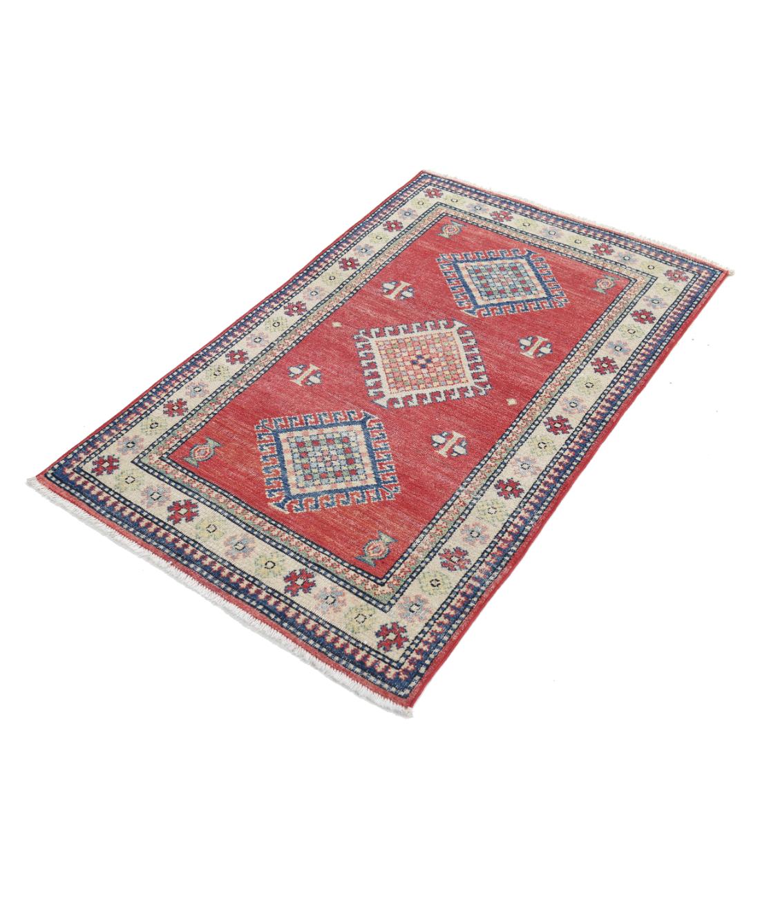 Hand Knotted Tribal Kazak Wool Rug - 2'10'' x 4'7'' 2' 10" X 4' 7" (86 X 140) / Red / Ivory