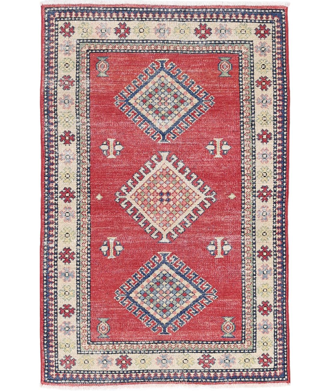 Hand Knotted Tribal Kazak Wool Rug - 2&#39;10&#39;&#39; x 4&#39;7&#39;&#39; 2&#39; 10&quot; X 4&#39; 7&quot; (86 X 140) / Red / Ivory