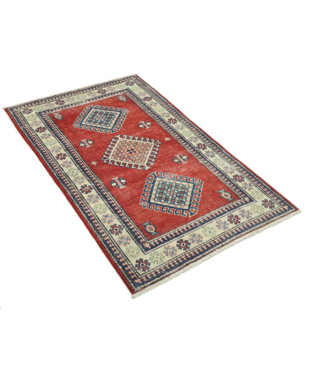 Hand Knotted Tribal Kazak Wool Rug - 2'10'' x 4'10'' 2' 10" X 4' 10" (86 X 147) / Red / Ivory