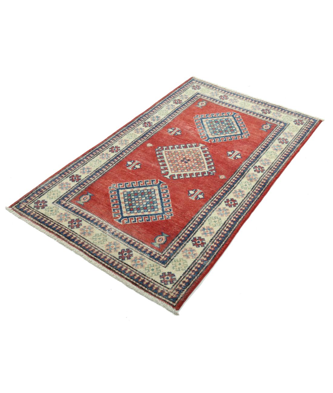 Hand Knotted Tribal Kazak Wool Rug - 2'10'' x 4'10'' 2' 10" X 4' 10" (86 X 147) / Red / Ivory