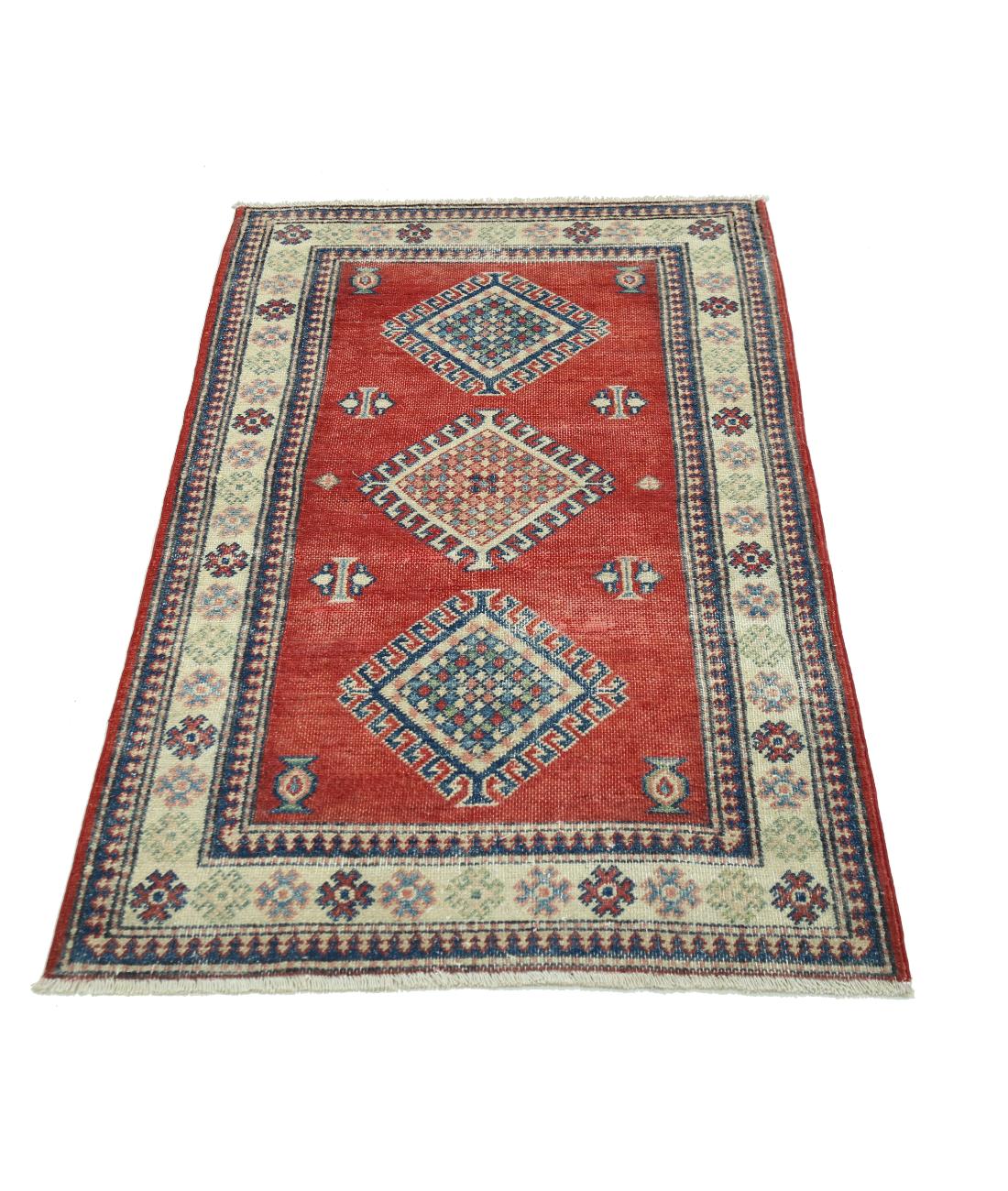 Hand Knotted Tribal Kazak Wool Rug - 2'10'' x 4'10'' 2' 10" X 4' 10" (86 X 147) / Red / Ivory