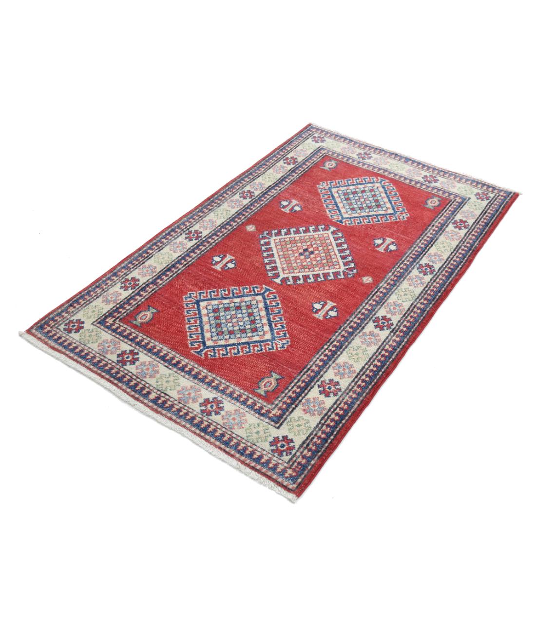 Hand Knotted Tribal Kazak Wool Rug - 2'10'' x 4'8'' 2' 10" X 4' 8" (86 X 142) / Red / Ivory