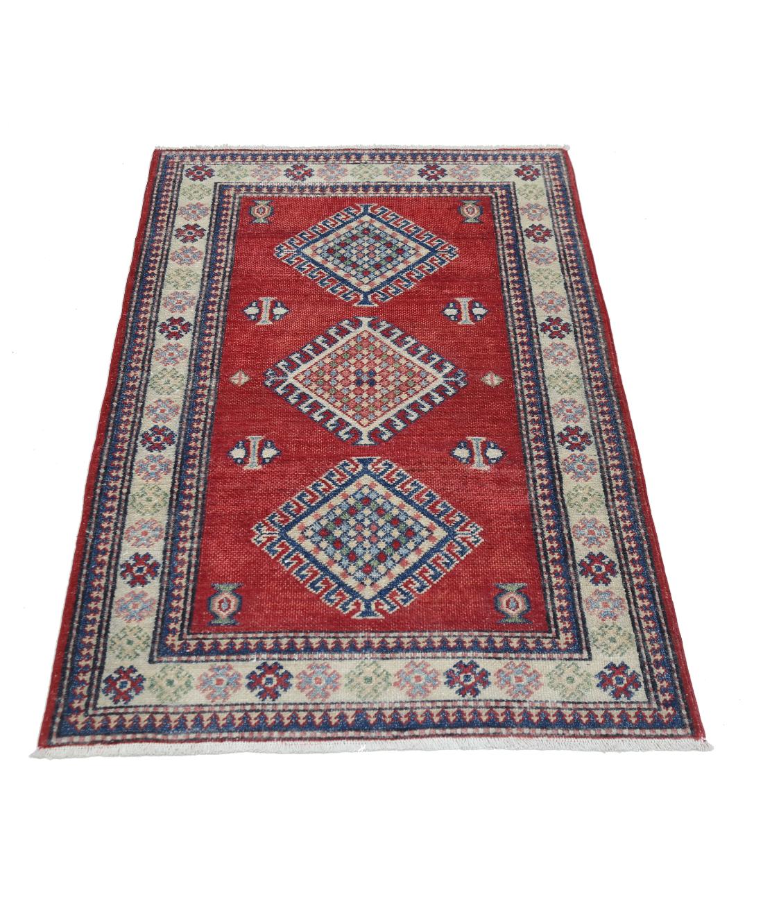 Hand Knotted Tribal Kazak Wool Rug - 2'10'' x 4'8'' 2' 10" X 4' 8" (86 X 142) / Red / Ivory