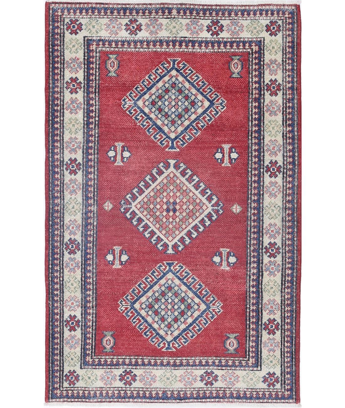 Hand Knotted Tribal Kazak Wool Rug - 2&#39;10&#39;&#39; x 4&#39;8&#39;&#39; 2&#39; 10&quot; X 4&#39; 8&quot; (86 X 142) / Red / Ivory