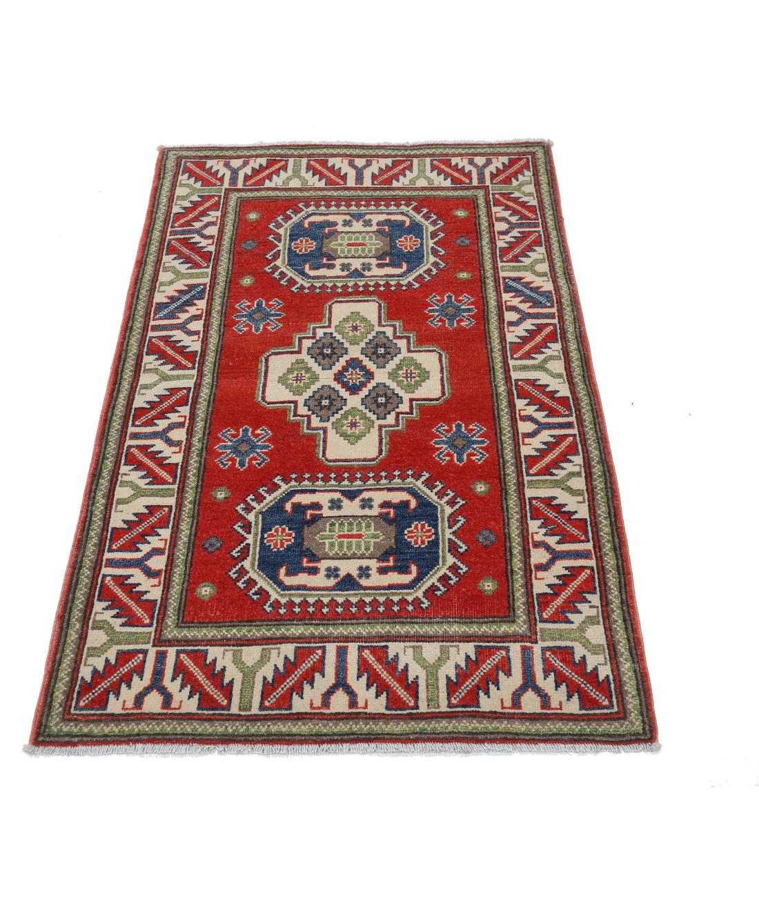 Hand Knotted Tribal Kazak Wool Rug - 2'9'' x 4'3'' 2' 9" X 4' 3" (84 X 130) / Red / Ivory